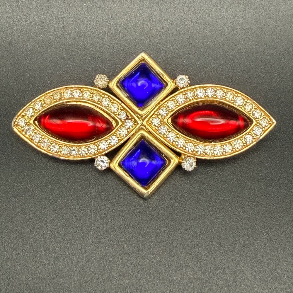Vintage Gold Tone Royal Blue And Red GlassCabochon Brooch With Clear Rhinestones